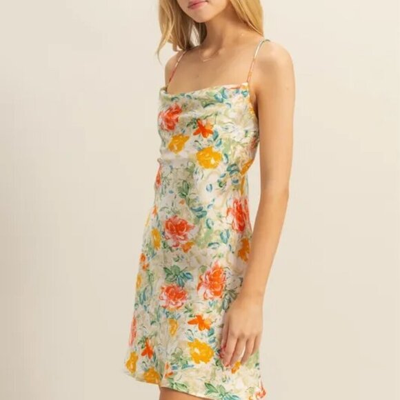 HYFVE Floral Cowl Neck Flirty Satin Mini Dress - Picture 3 of 11